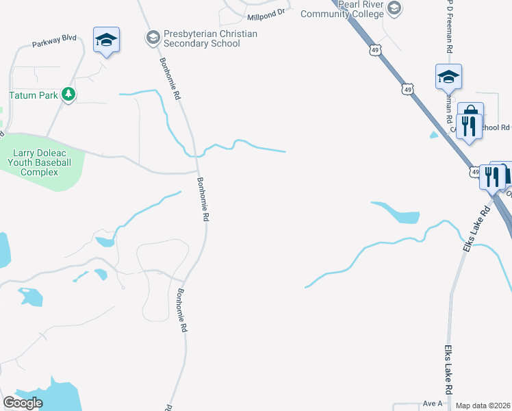 map of restaurants, bars, coffee shops, grocery stores, and more near 612 N Hattiesburg Ave in Hattiesburg