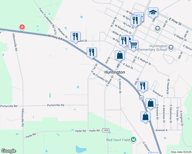 map of restaurants, bars, coffee shops, grocery stores, and more near 200 West Franklin Street in Huntington