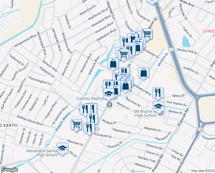 map of restaurants, bars, coffee shops, grocery stores, and more near 1021 Bayou Trace Drive in Alexandria