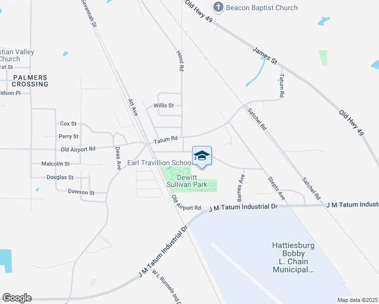 map of restaurants, bars, coffee shops, grocery stores, and more near 316 Travillion Road in Hattiesburg