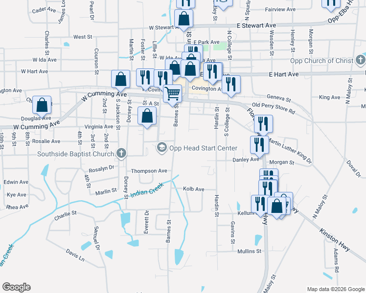 map of restaurants, bars, coffee shops, grocery stores, and more near 511 Barnes Street in Opp