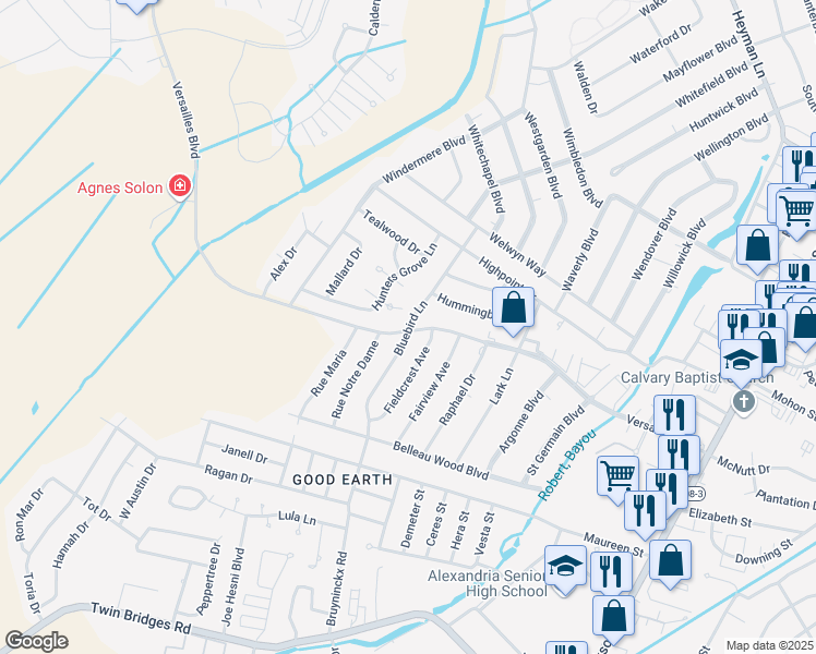 map of restaurants, bars, coffee shops, grocery stores, and more near 5193 Bluebird Lane in Alexandria