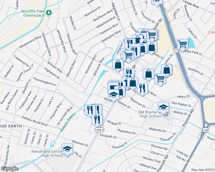 map of restaurants, bars, coffee shops, grocery stores, and more near 4800-4810 Bayou Bend Court in Alexandria