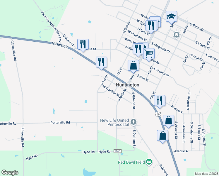 map of restaurants, bars, coffee shops, grocery stores, and more near 301 West Preston Street in Lufkin