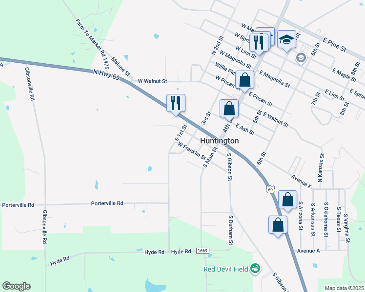 map of restaurants, bars, coffee shops, grocery stores, and more near 413 West Preston Street in Huntington
