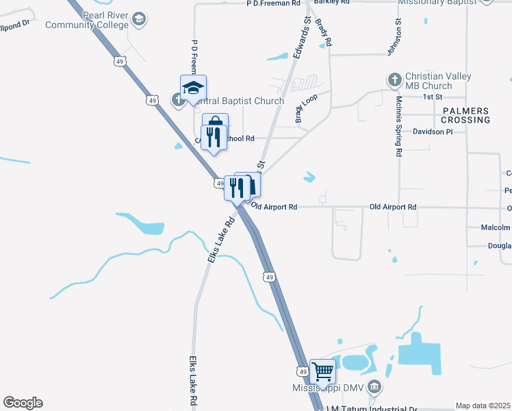 map of restaurants, bars, coffee shops, grocery stores, and more near 15 Old Airport Road in Hattiesburg