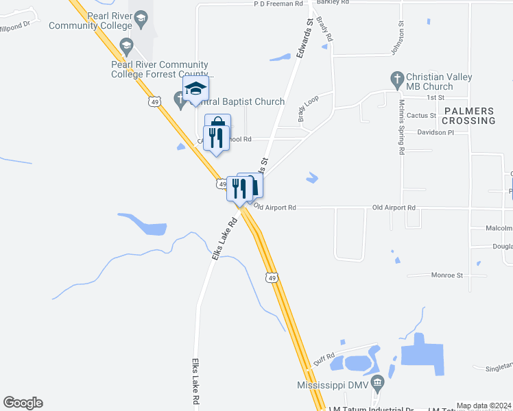 map of restaurants, bars, coffee shops, grocery stores, and more near 11 Old Airport Road in Hattiesburg