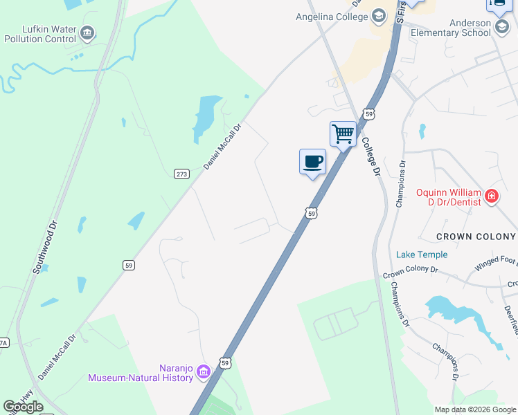 map of restaurants, bars, coffee shops, grocery stores, and more near 239 Shirey Lane in Lufkin