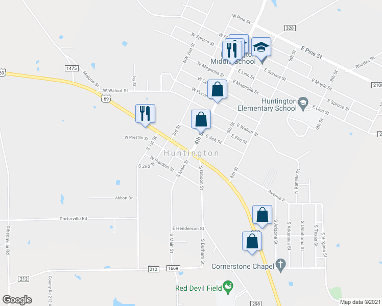 map of restaurants, bars, coffee shops, grocery stores, and more near U.S. 69 in Huntington