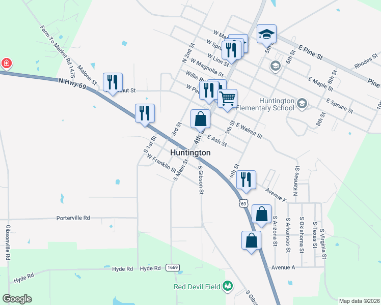 map of restaurants, bars, coffee shops, grocery stores, and more near in Huntington