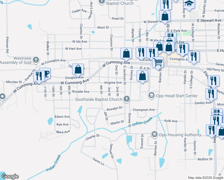 map of restaurants, bars, coffee shops, grocery stores, and more near 608 Rosalie Avenue in Opp