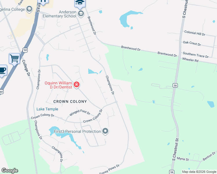 map of restaurants, bars, coffee shops, grocery stores, and more near 1414 Champions Drive in Lufkin