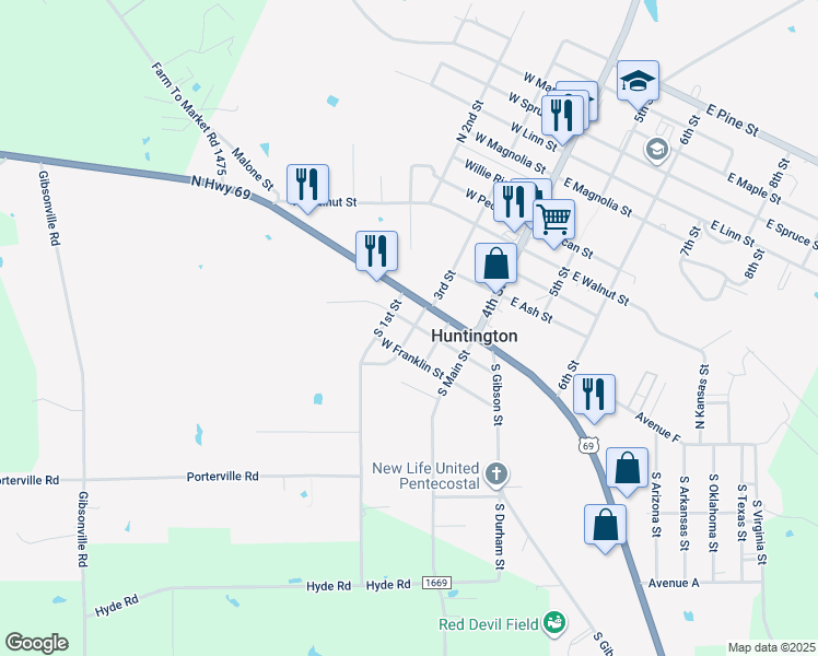 map of restaurants, bars, coffee shops, grocery stores, and more near 301 West Preston Street in Lufkin