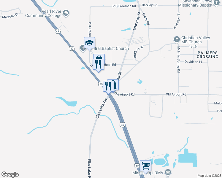 map of restaurants, bars, coffee shops, grocery stores, and more near 5320 U.S. 49 in Hattiesburg