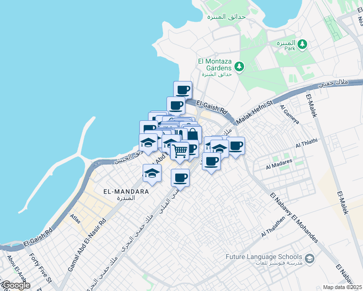 map of restaurants, bars, coffee shops, grocery stores, and more near 243 ش جمال عبد الناصر in Montaza 2