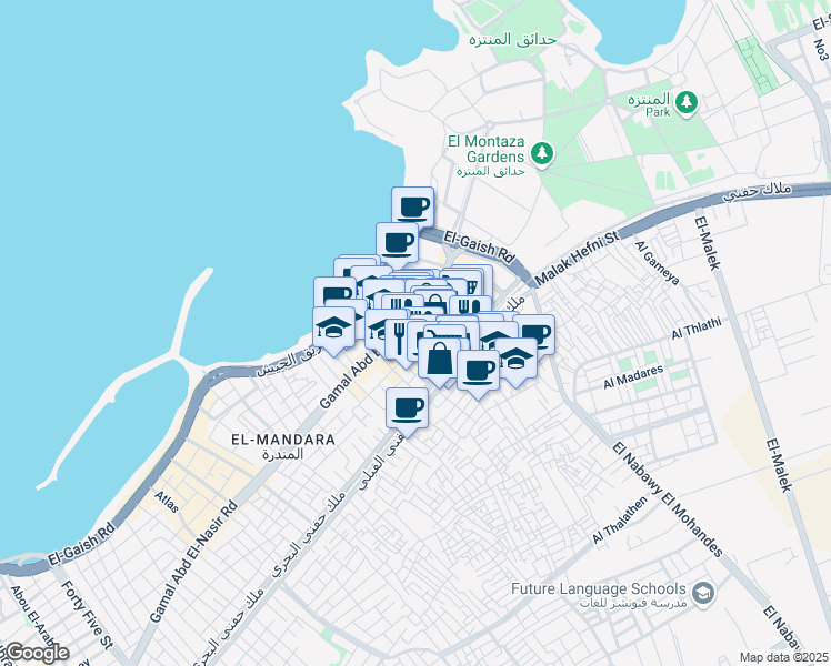 map of restaurants, bars, coffee shops, grocery stores, and more near 243 ش جمال عبد الناصر in Montaza 2
