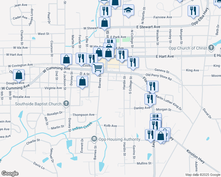 map of restaurants, bars, coffee shops, grocery stores, and more near 103 Scott Street in Opp