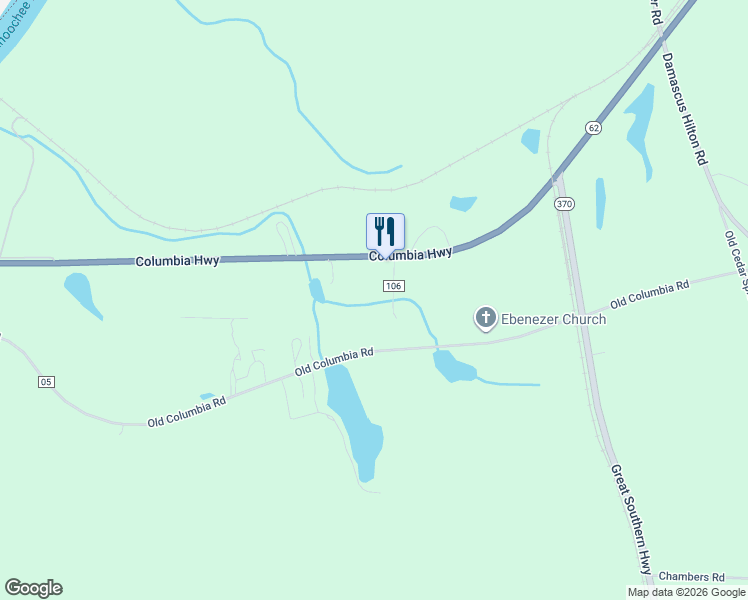 map of restaurants, bars, coffee shops, grocery stores, and more near 1217 Old Columbia Road in Blakely