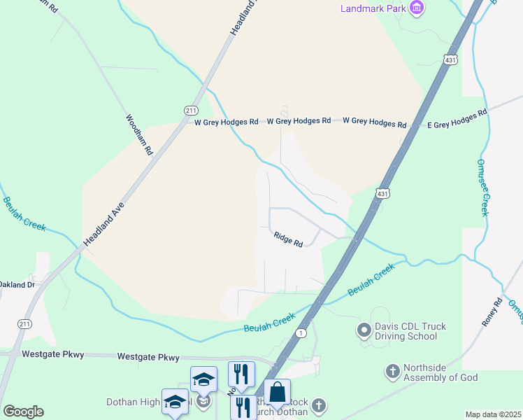 map of restaurants, bars, coffee shops, grocery stores, and more near 127 Ridge Road in Dothan