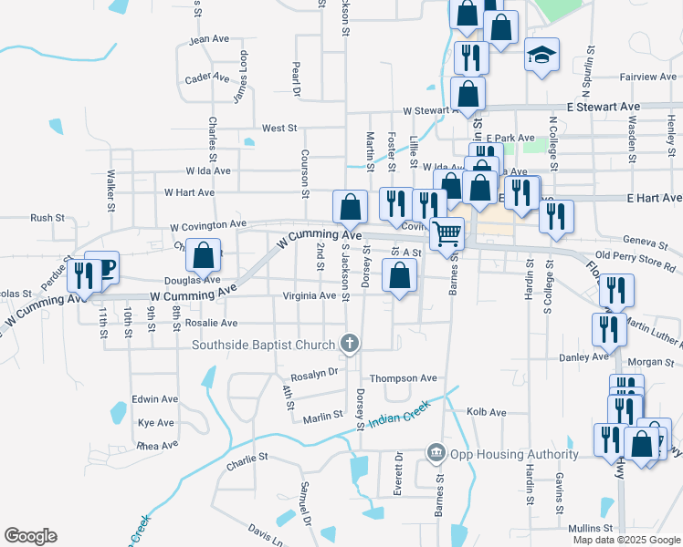 map of restaurants, bars, coffee shops, grocery stores, and more near 308 South Jackson Street in Opp