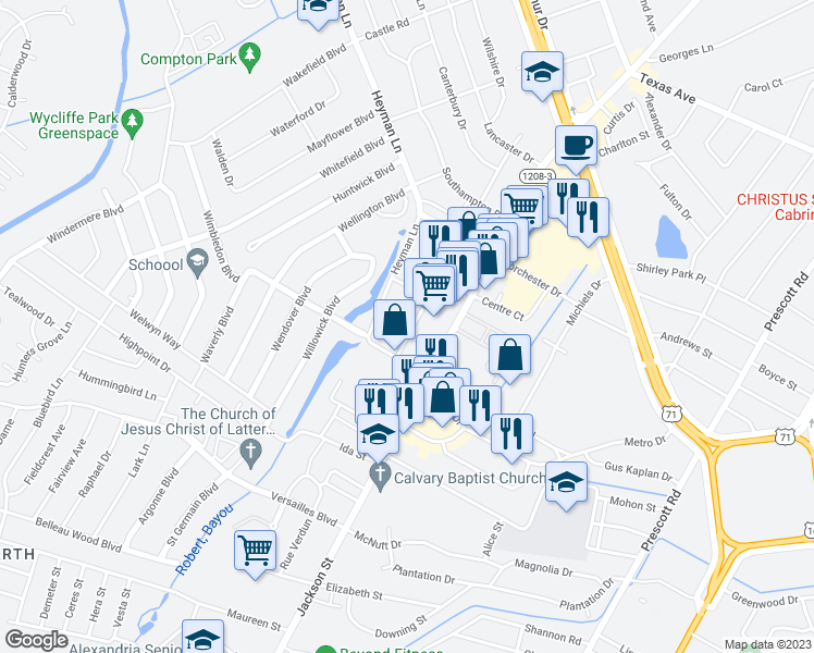 map of restaurants, bars, coffee shops, grocery stores, and more near 4500 Parliament Drive in Alexandria