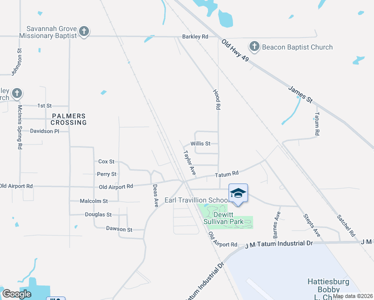 map of restaurants, bars, coffee shops, grocery stores, and more near 326 Gasaway Loop in Hattiesburg