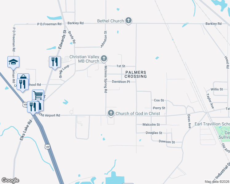 map of restaurants, bars, coffee shops, grocery stores, and more near 822 Laura Street in Hattiesburg