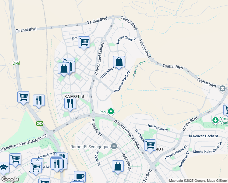 map of restaurants, bars, coffee shops, grocery stores, and more near 80 Avraham Halili Street in Be'er Sheva