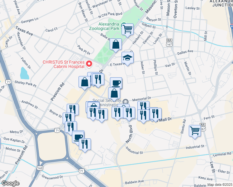 map of restaurants, bars, coffee shops, grocery stores, and more near 2206 Memorial Drive in Alexandria