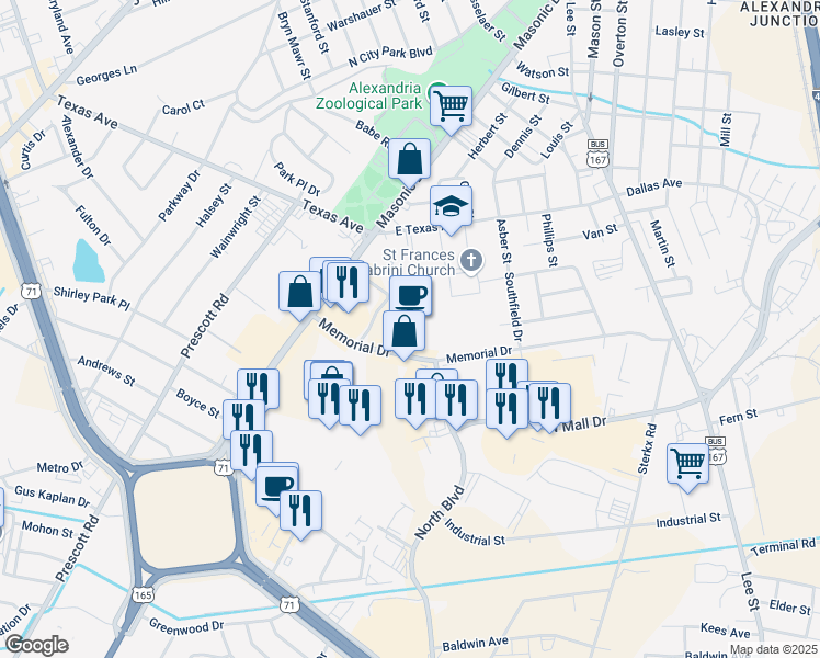 map of restaurants, bars, coffee shops, grocery stores, and more near 2206 Memorial Drive in Alexandria