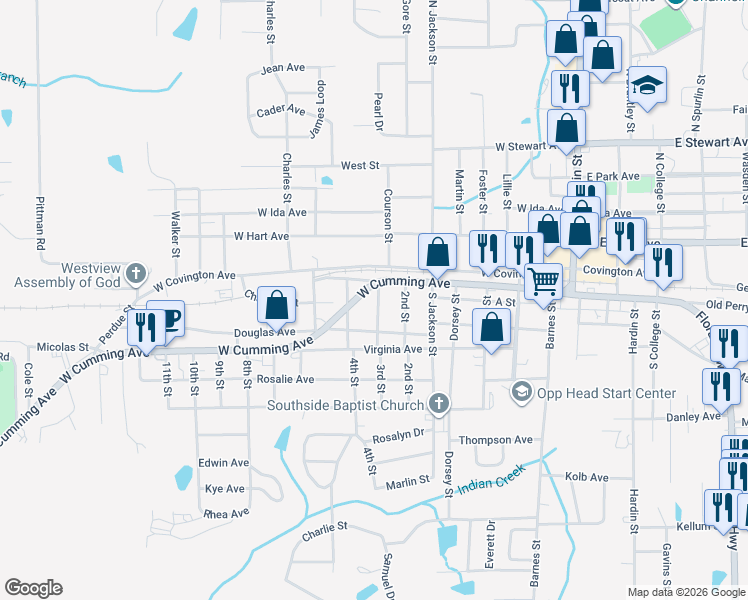 map of restaurants, bars, coffee shops, grocery stores, and more near Railroad Ave in Opp