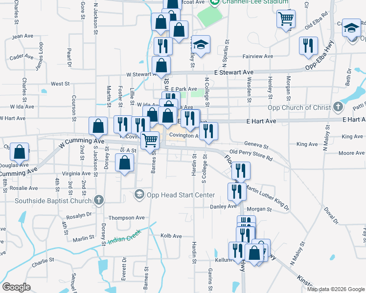 map of restaurants, bars, coffee shops, grocery stores, and more near 204 Whaley Street in Opp