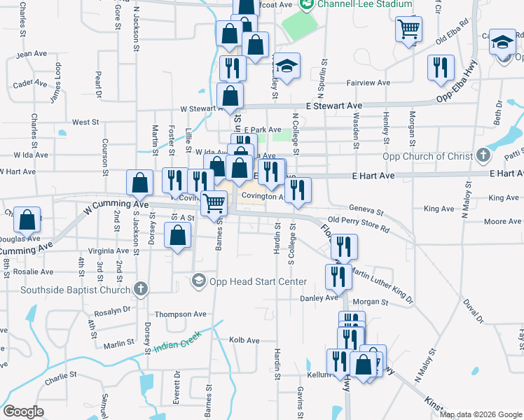 map of restaurants, bars, coffee shops, grocery stores, and more near 204 Whaley Street in Opp