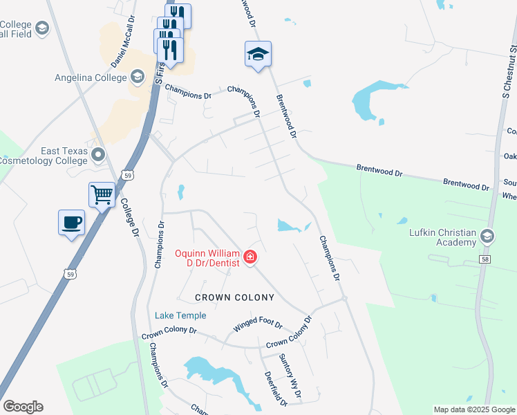 map of restaurants, bars, coffee shops, grocery stores, and more near 109 Innisbrook Dr in Lufkin