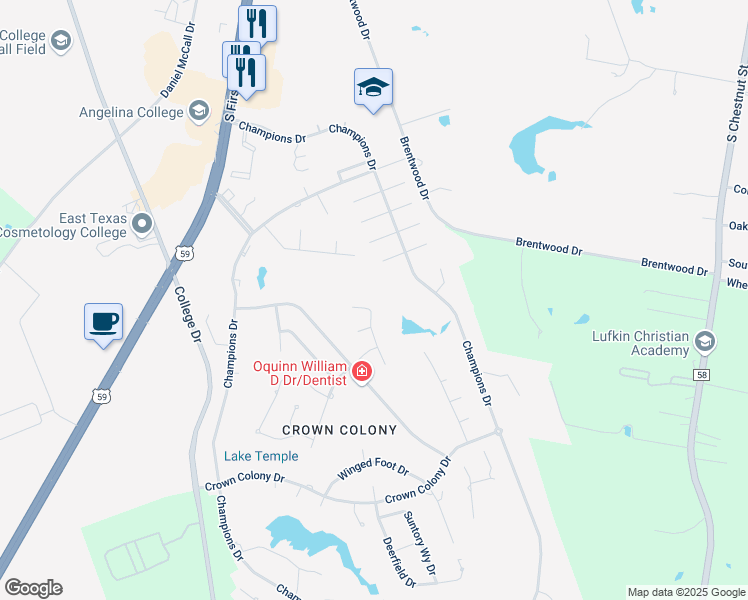 map of restaurants, bars, coffee shops, grocery stores, and more near 109 Innisbrook Drive in Lufkin