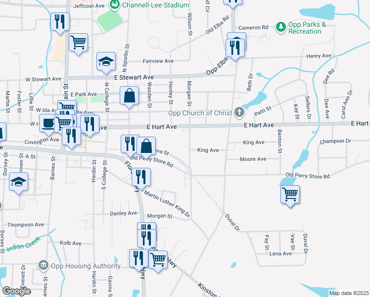 map of restaurants, bars, coffee shops, grocery stores, and more near 100-112 Morgan Street in Opp