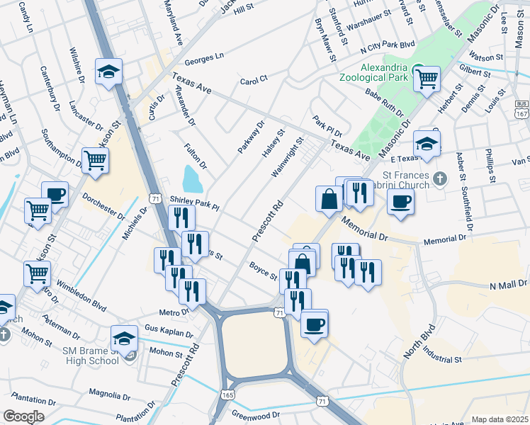 map of restaurants, bars, coffee shops, grocery stores, and more near 3401-3475 Prescott Road in Alexandria