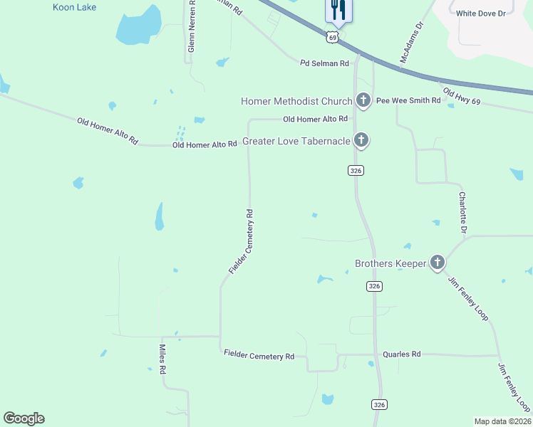 map of restaurants, bars, coffee shops, grocery stores, and more near 1264 Fielder Cemetery Road in Lufkin