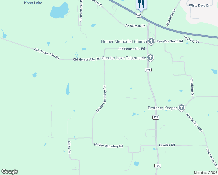 map of restaurants, bars, coffee shops, grocery stores, and more near 1264 Fielder Cemetery Road in Lufkin
