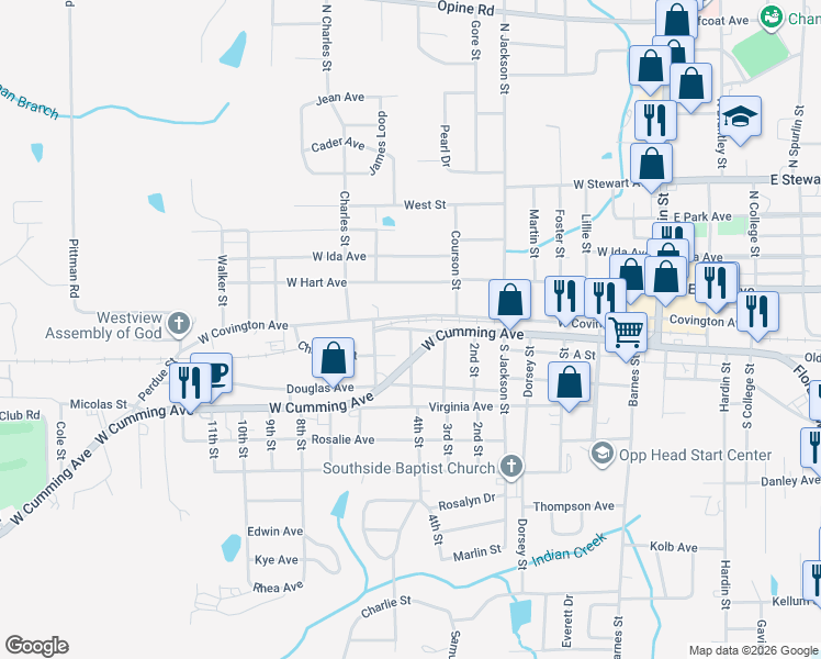 map of restaurants, bars, coffee shops, grocery stores, and more near Railroad Avenue in Opp