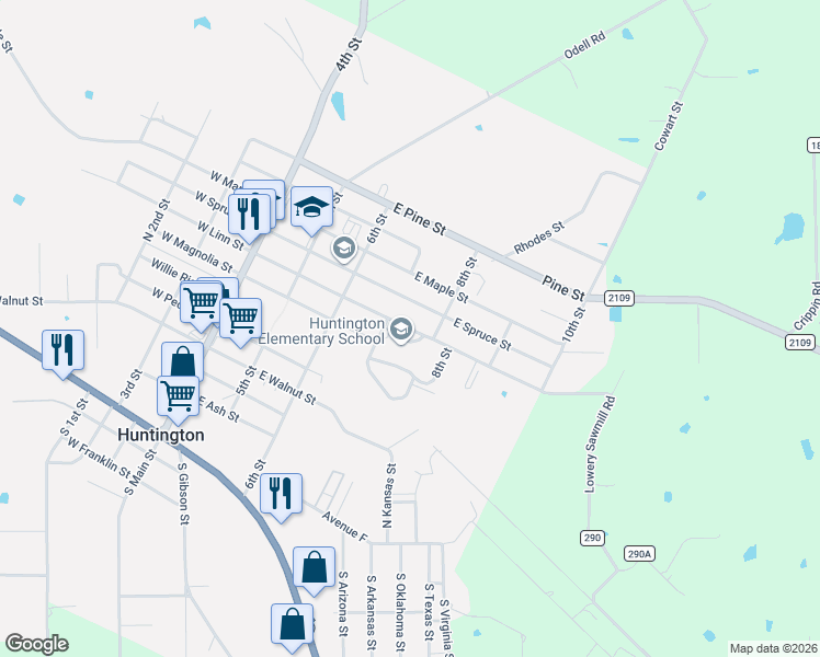 map of restaurants, bars, coffee shops, grocery stores, and more near 408 East Linn Street in Huntington