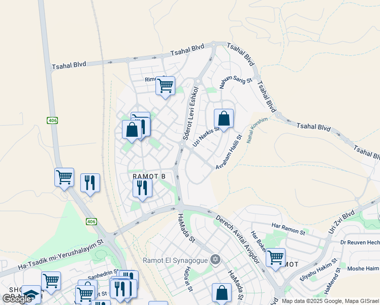 map of restaurants, bars, coffee shops, grocery stores, and more near 57 Nakhum Goldman Street in Be'er Sheva