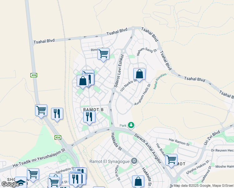 map of restaurants, bars, coffee shops, grocery stores, and more near 57 Nakhum Goldman Street in Be'er Sheva