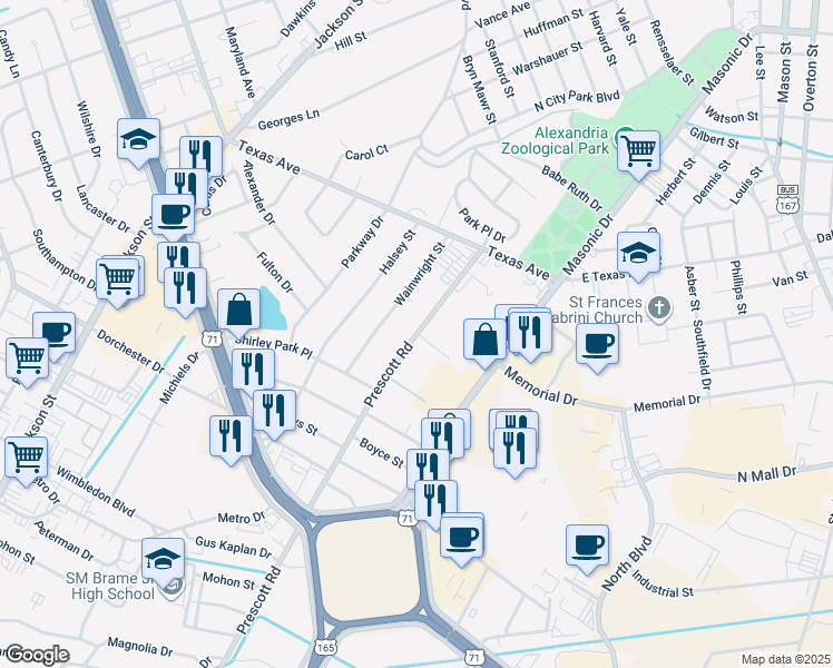 map of restaurants, bars, coffee shops, grocery stores, and more near 3401 Prescott Road in Alexandria