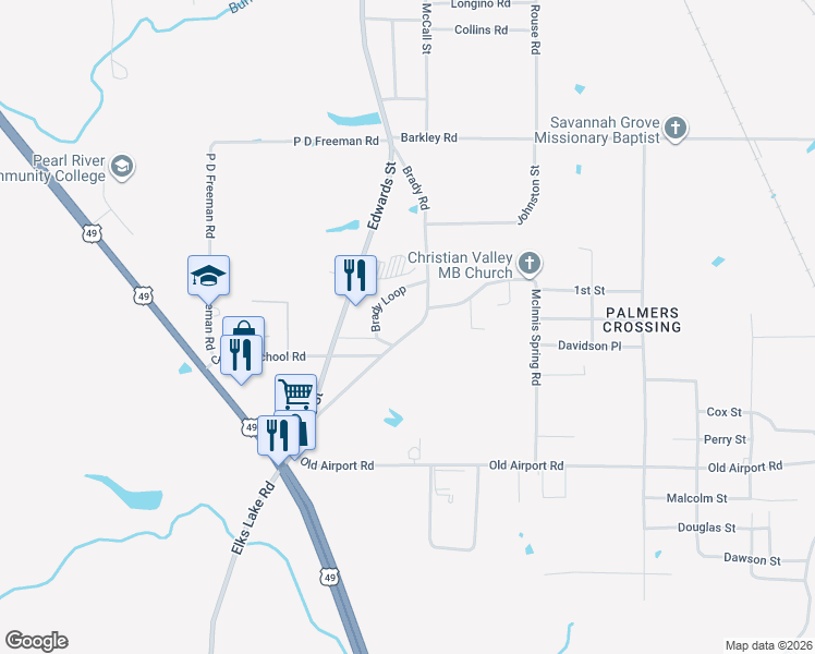 map of restaurants, bars, coffee shops, grocery stores, and more near 504 Brady Road in Hattiesburg