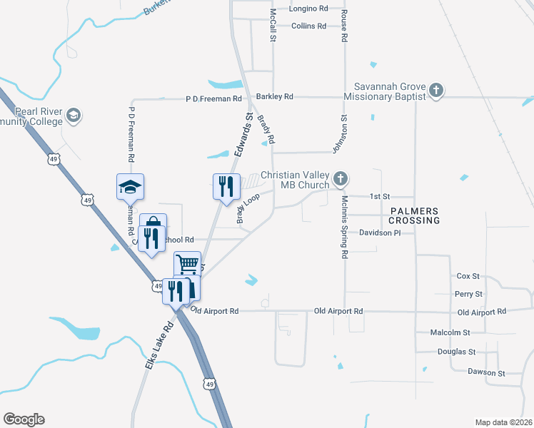 map of restaurants, bars, coffee shops, grocery stores, and more near 504 Brady Road in Hattiesburg