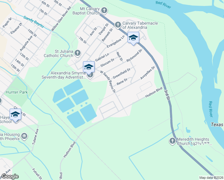 map of restaurants, bars, coffee shops, grocery stores, and more near 5104 West Sandy Bayou Drive in Alexandria