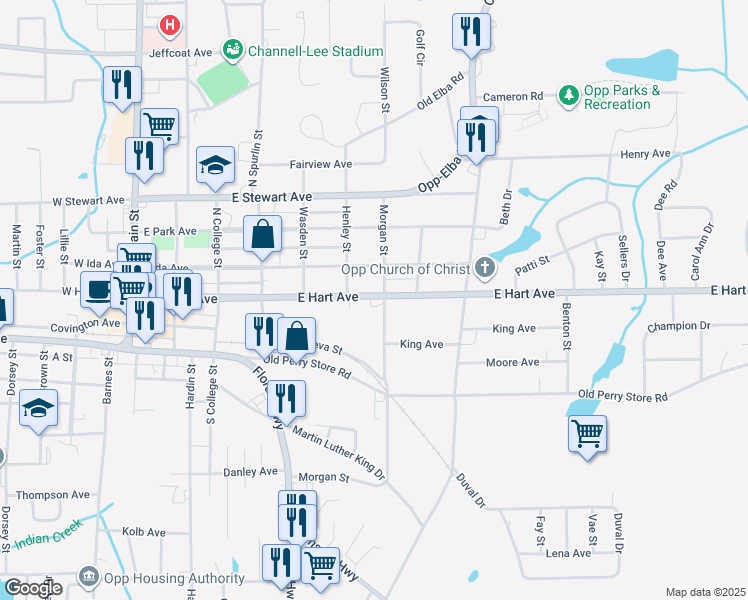 map of restaurants, bars, coffee shops, grocery stores, and more near 100 Morgan Street in Opp