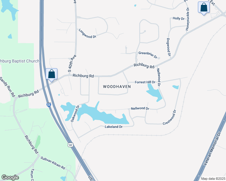 map of restaurants, bars, coffee shops, grocery stores, and more near 117 Woodhaven Circle in Hattiesburg