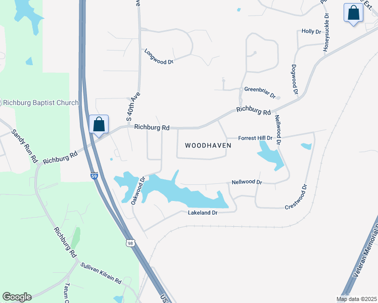 map of restaurants, bars, coffee shops, grocery stores, and more near 117 Woodhaven Circle in Hattiesburg
